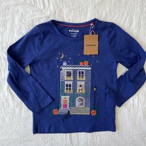 Mini Boden Navy Long-Sleeve Tee with Halloween House Embroidery, 4-5 years